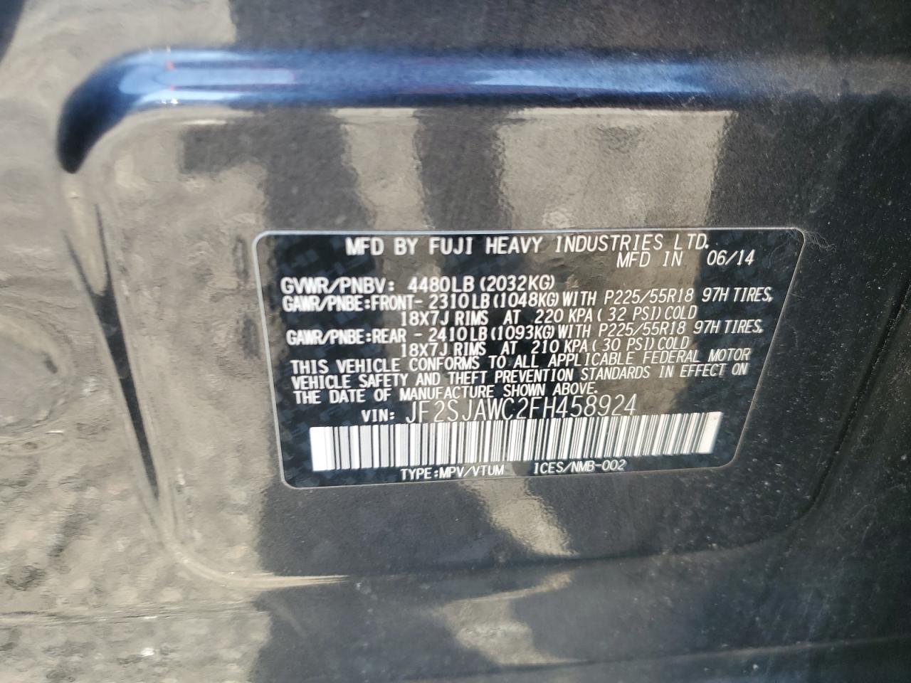 2015 Subaru Forester 2.5I Touring VIN: JF2SJAWC2FH458924 Lot: 85361035