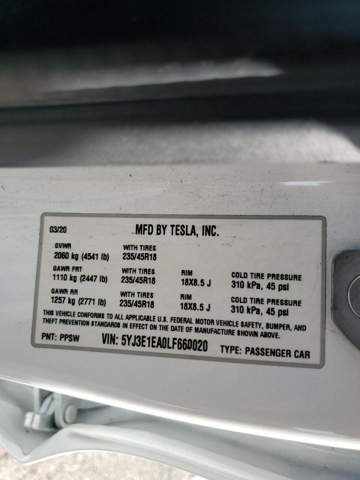 2020 Tesla Model 3 VIN: 5YJ3E1EA0LF660020 Lot: 90924795