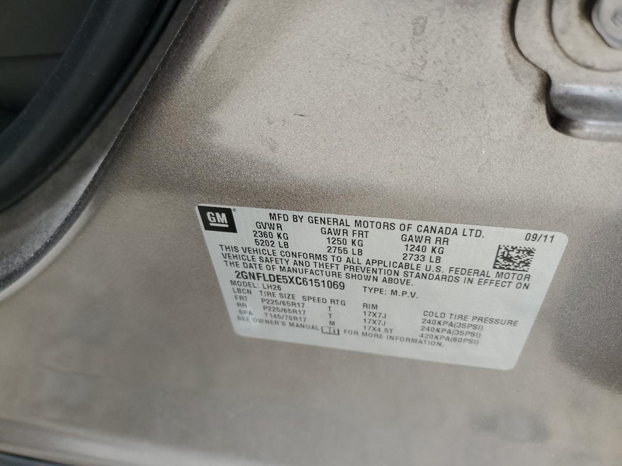 2012 Chevrolet Equinox Lt VIN: 2GNFLDE5XC6151069 Lot: 82028465