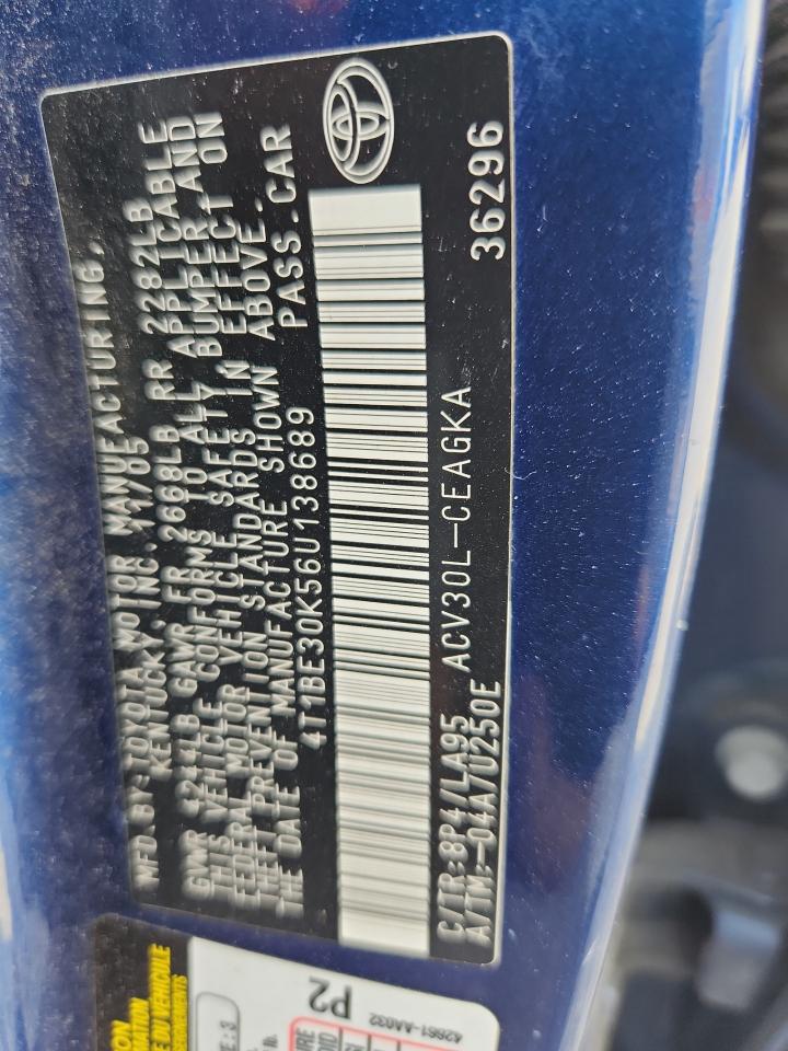 2006 Toyota Camry Le VIN: 4T1BE30K56U138689 Lot: 85184975