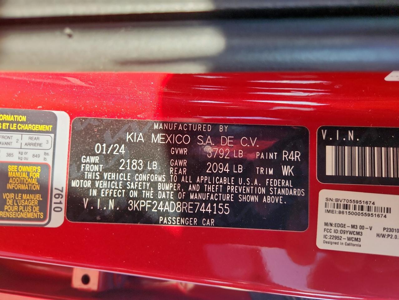 2024 Kia Forte Lx VIN: 3KPF24AD8RE744155 Lot: 85301885