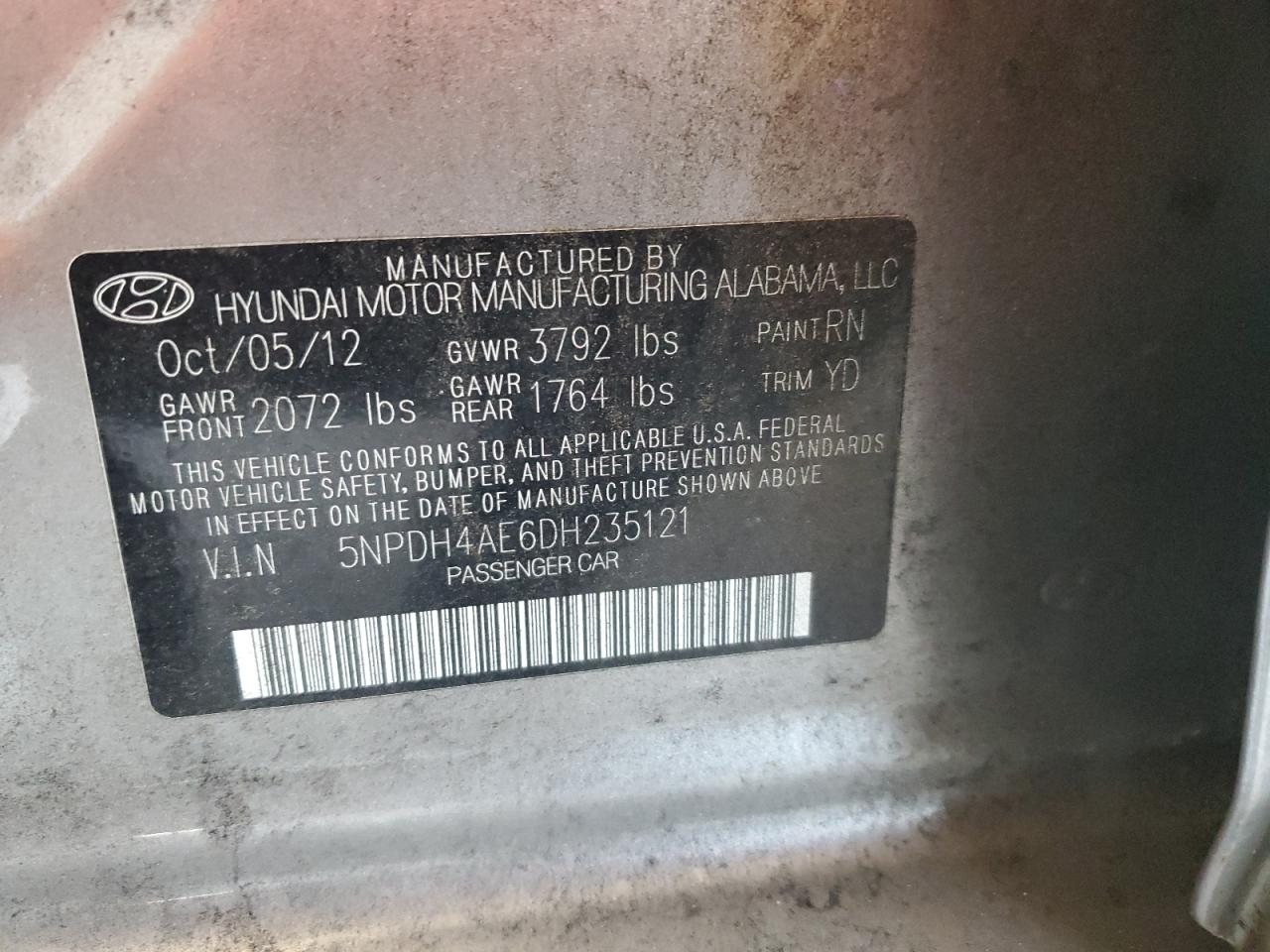 2013 Hyundai Elantra Gls VIN: 5NPDH4AE6DH235121 Lot: 81562875