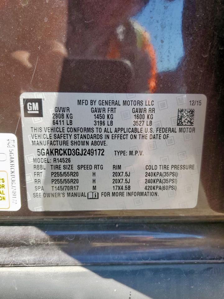 2016 Buick Enclave VIN: 5GAKRCKD3GJ249172 Lot: 90896275