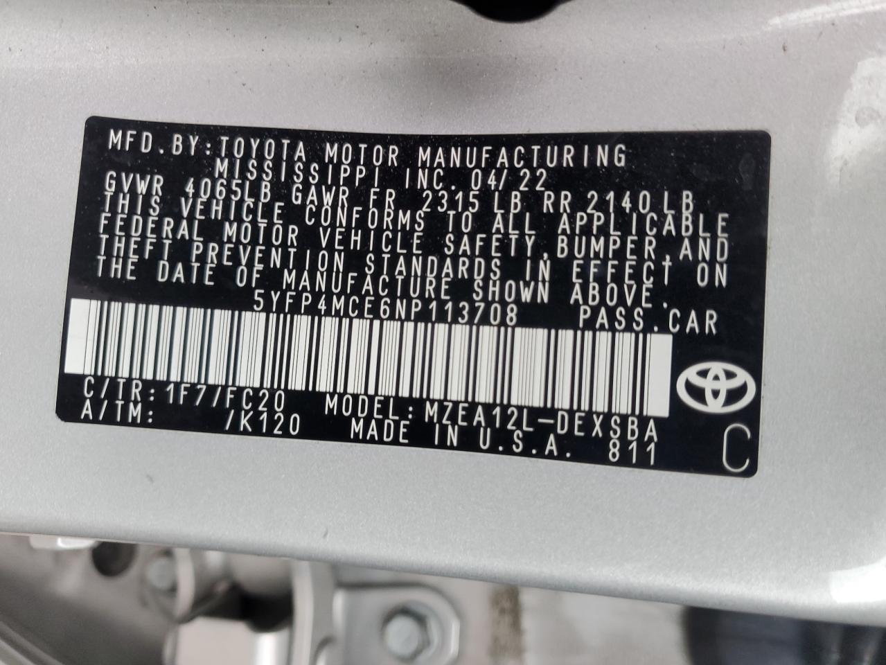 2022 Toyota Corolla Se VIN: 5YFP4MCE6NP113708 Lot: 86218905