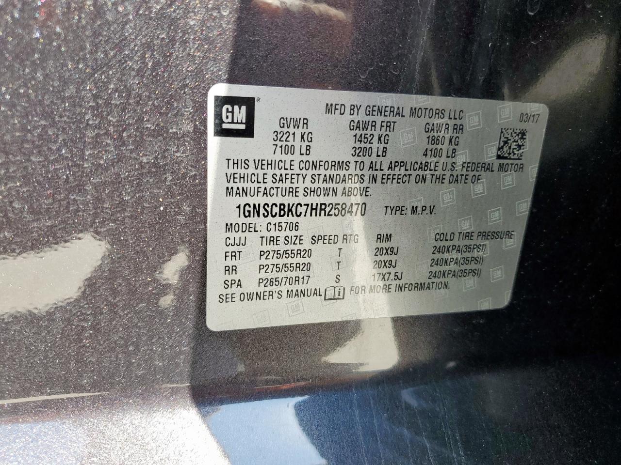 2017 Chevrolet Tahoe C1500 Lt VIN: 1GNSCBKC7HR258470 Lot: 83969715