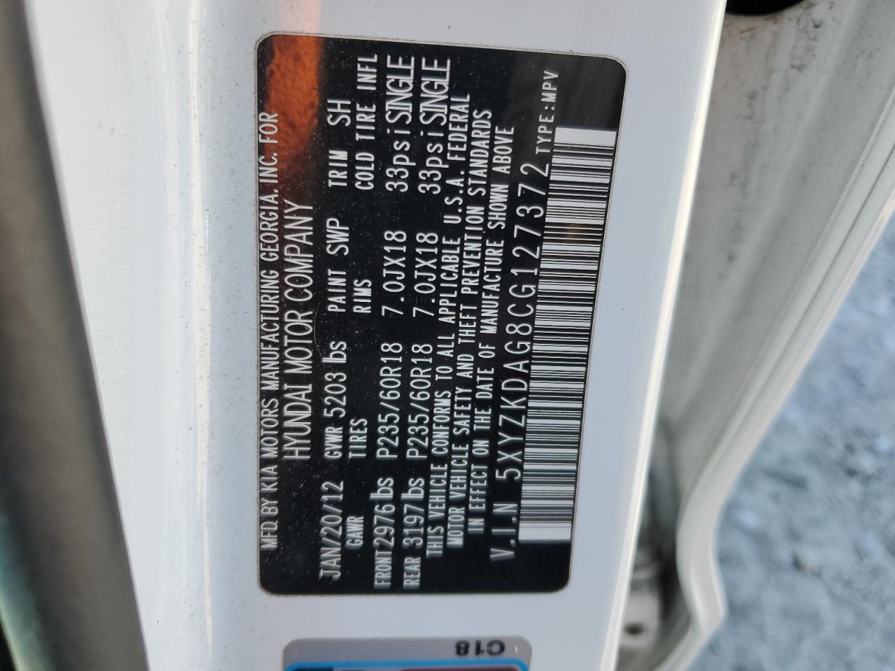 2012 Hyundai Santa Fe Limited VIN: 5XYZKDAG8CG127372 Lot: 85105415