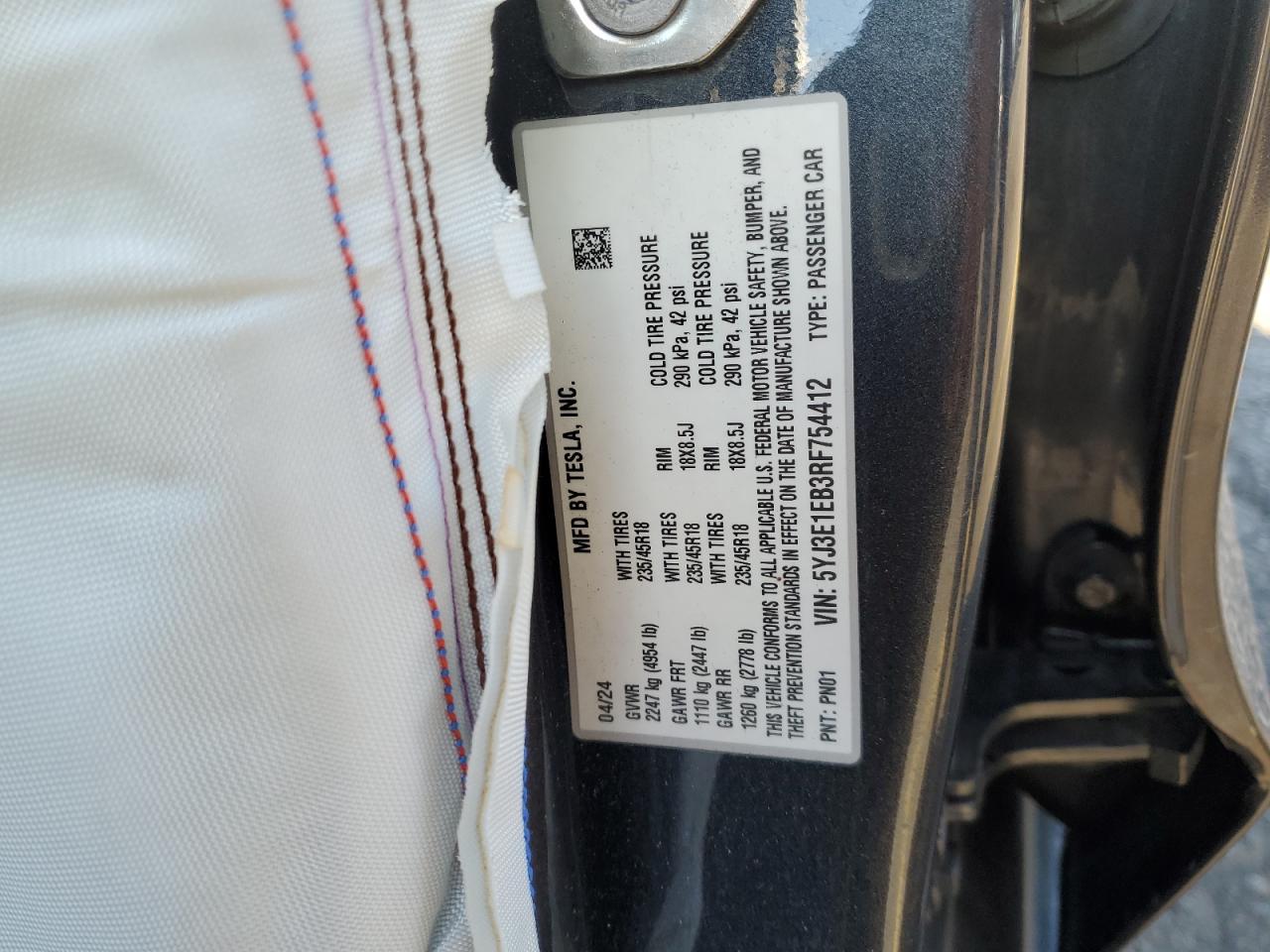 2024 Tesla Model 3 VIN: 5YJ3E1EB3RF754412 Lot: 89611125