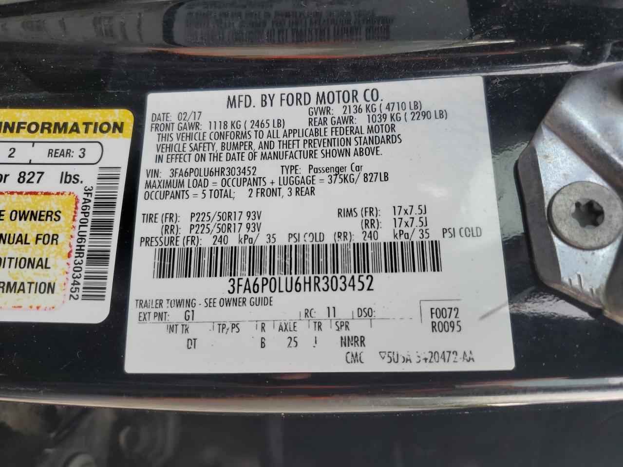 2017 Ford Fusion Se Hybrid VIN: 3FA6P0LU6HR303452 Lot: 86234375