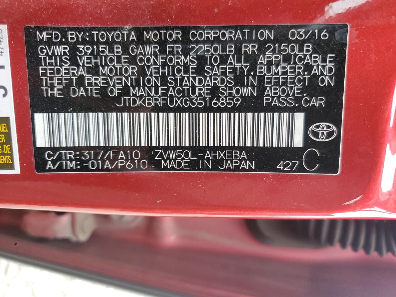 2016 Toyota Prius VIN: JTDKBRFUXG3516859 Lot: 82608295