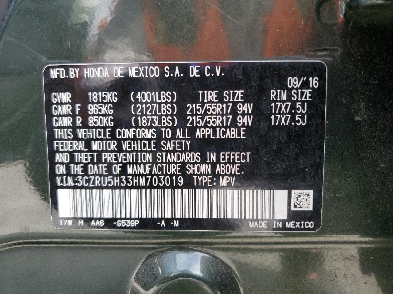 2017 Honda Hr-V Lx VIN: 3CZRU5H33HM703019 Lot: 85904815