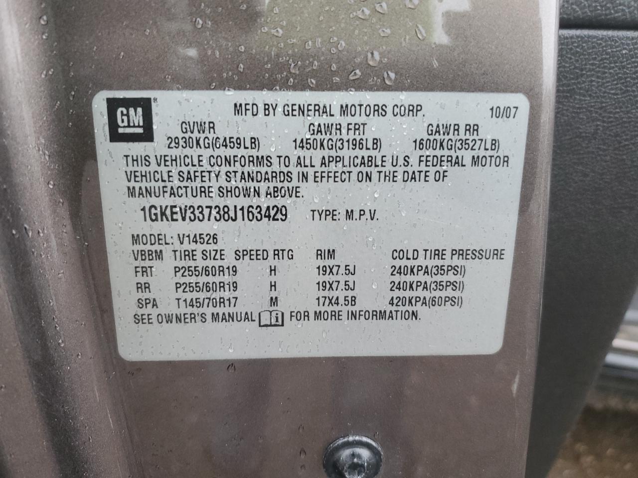 2008 GMC Acadia Slt-2 VIN: 1GKEV33738J163429 Lot: 82302165
