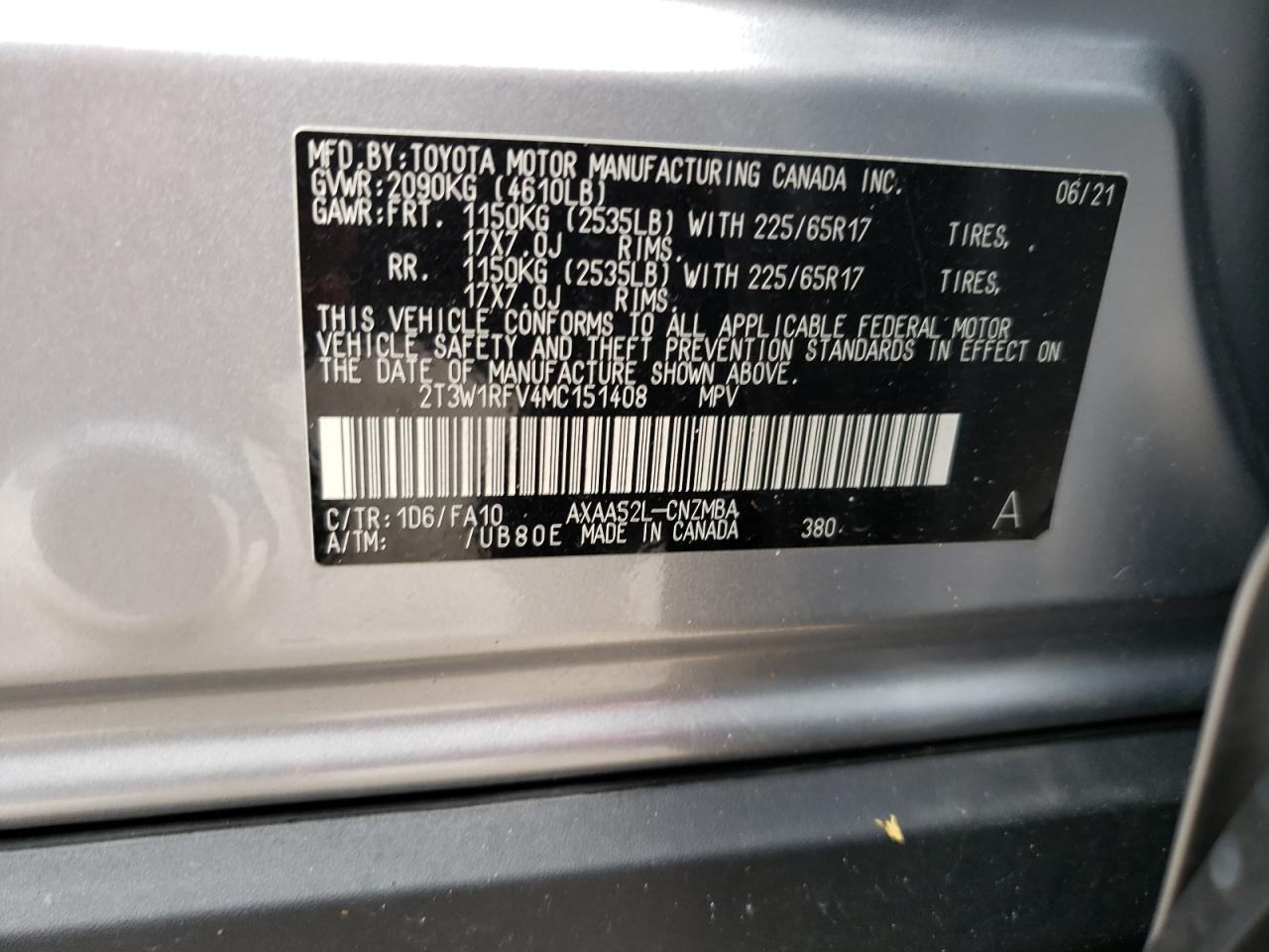 2021 Toyota Rav4 Xle VIN: 2T3W1RFV4MC151408 Lot: 84789555