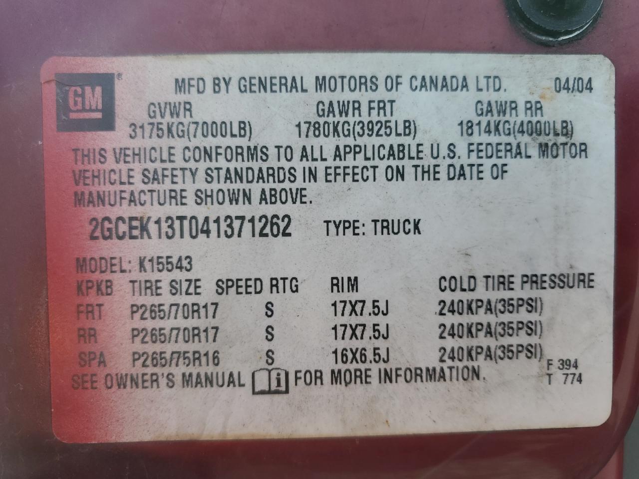 2004 Chevrolet Silverado K1500 VIN: 2GCEK13T041371262 Lot: 84595525