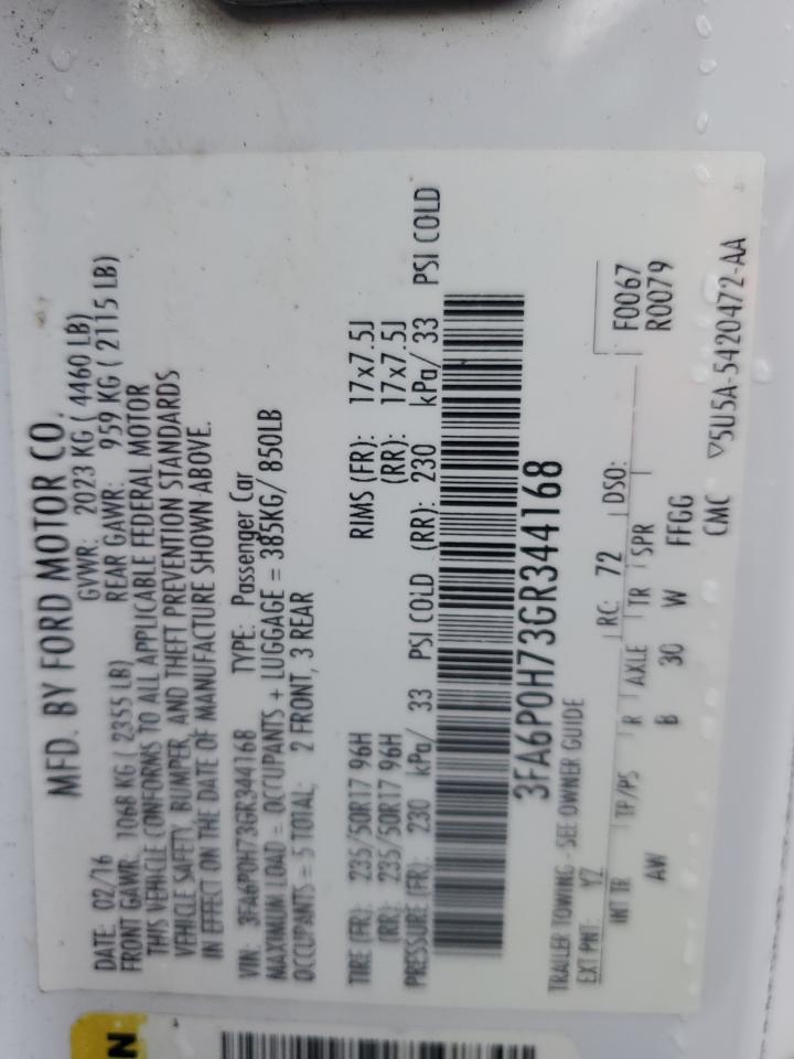 2016 Ford Fusion Se VIN: 3FA6P0H73GR344168 Lot: 85928675