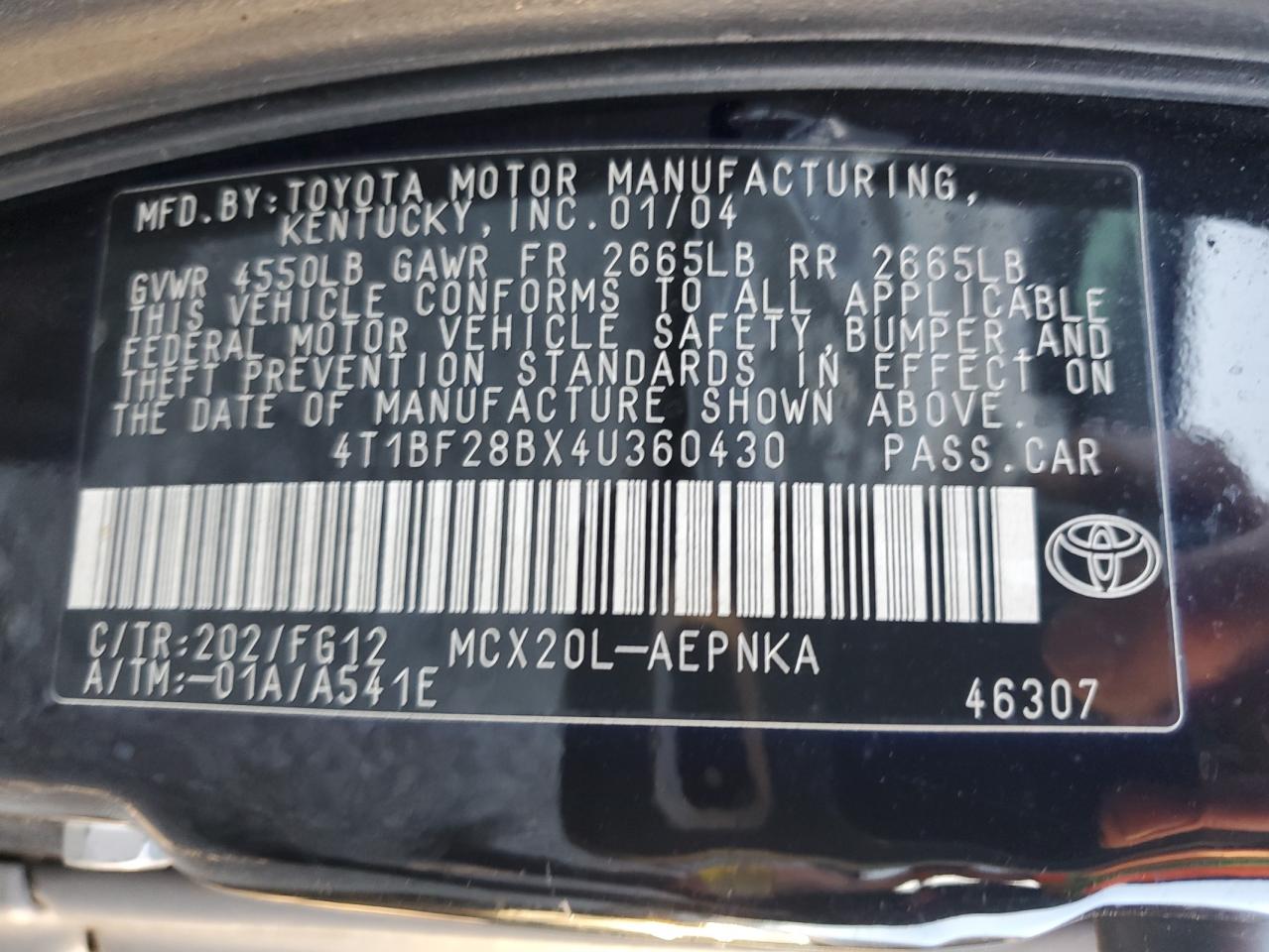 2004 Toyota Avalon Xl VIN: 4T1BF28BX4U360430 Lot: 85861885