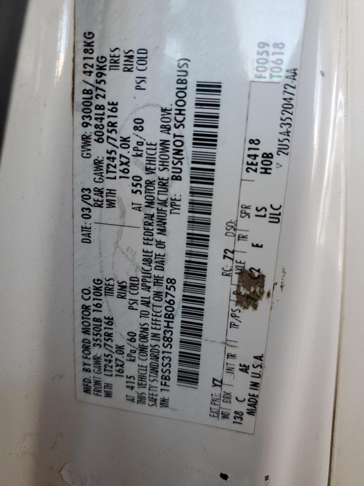 2003 Ford Econoline E350 Super Duty Wagon VIN: 1FBSS31S83HB06758 Lot: 86329305