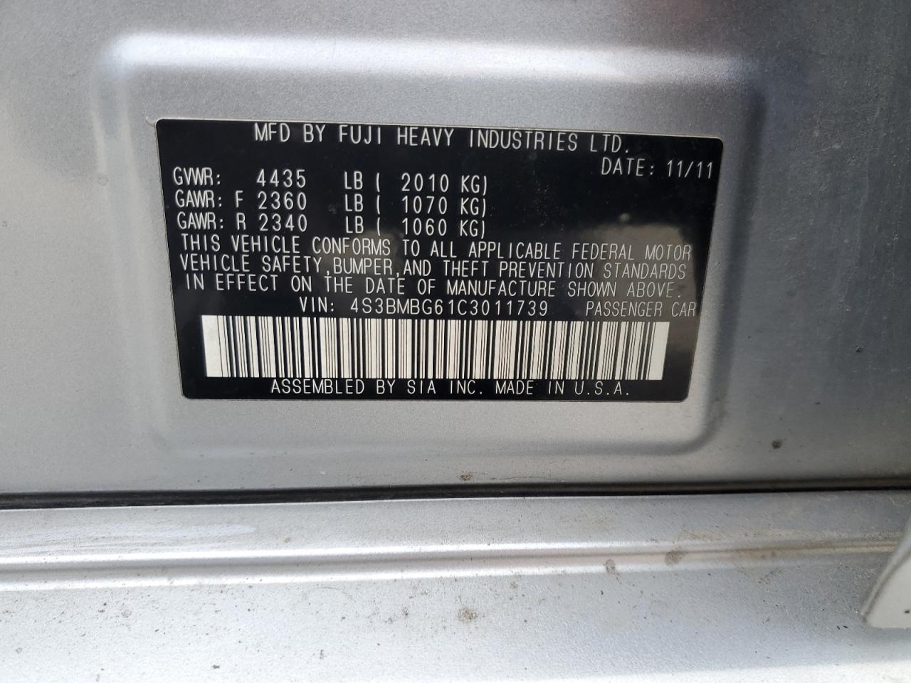 2012 Subaru Legacy 2.5I Premium VIN: 4S3BMBG61C3011739 Lot: 81797175