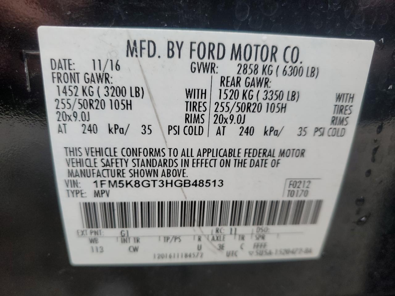 2017 Ford Explorer Sport VIN: 1FM5K8GT3HGB48513 Lot: 85818705