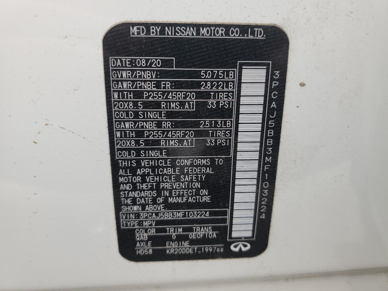 2021 Infiniti Qx50 Luxe VIN: 3PCAJ5BB3MF103224 Lot: 85491885