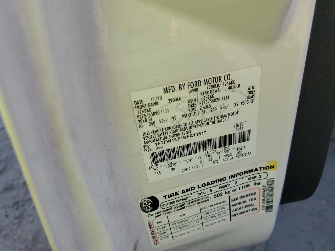 2011 Ford F150 Supercrew VIN: 1FTFW1EF1BFA11617 Lot: 85510625