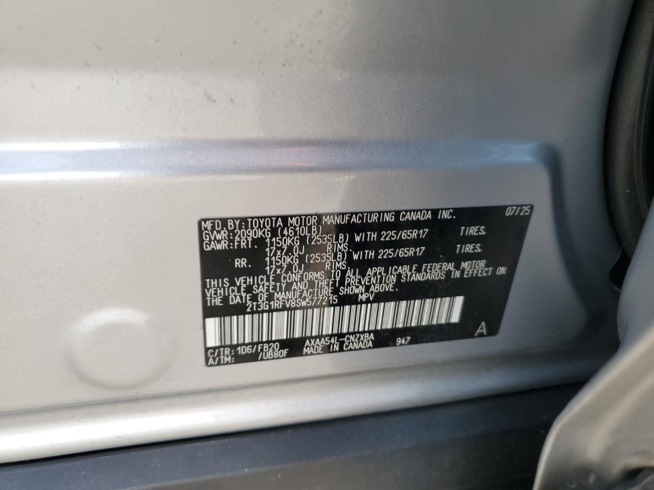 2025 Toyota Rav4 Le VIN: 2T3G1RFV8SW577215 Lot: 86308485