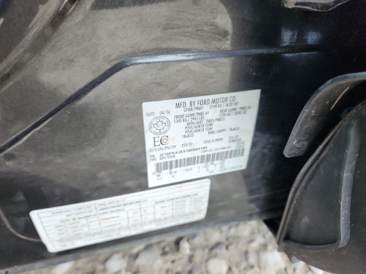 2016 Ford Edge Sel VIN: 2FMPK4J8XGBB69189 Lot: 82369415