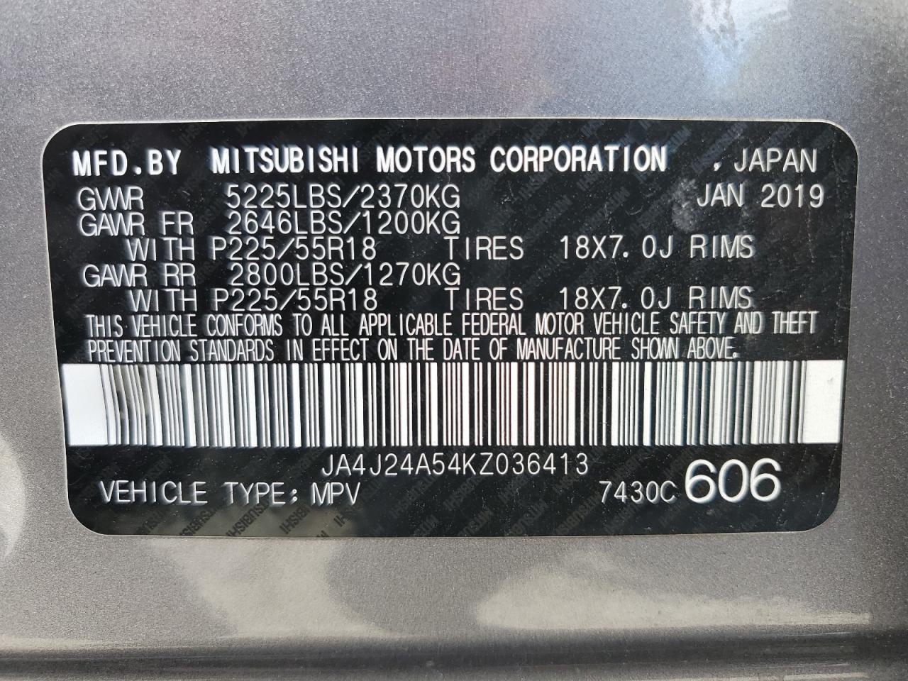 2019 Mitsubishi Outlander Sel VIN: JA4J24A54KZ036413 Lot: 82326215