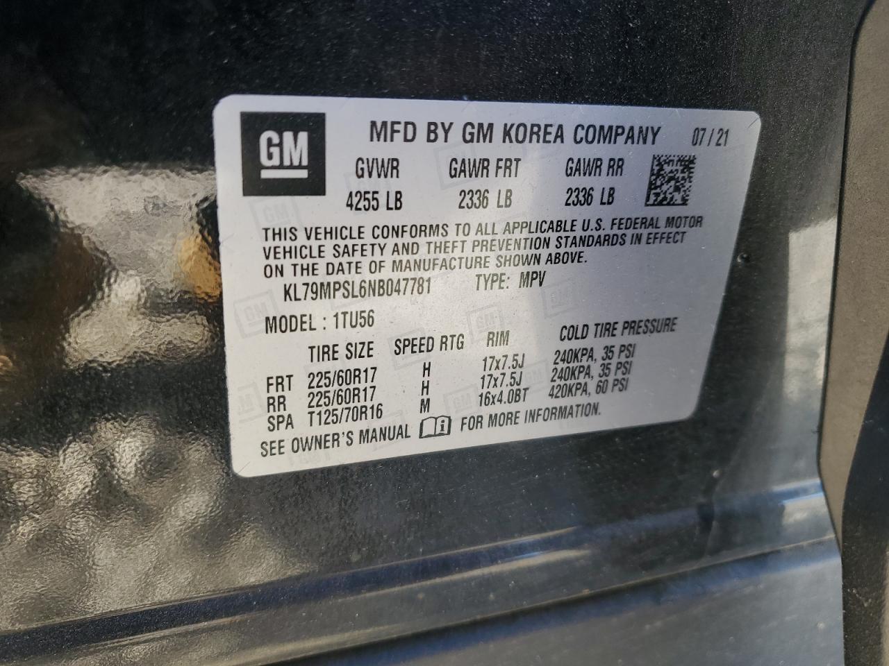 2022 Chevrolet Trailblazer Lt VIN: KL79MPSL6NB047781 Lot: 85689215