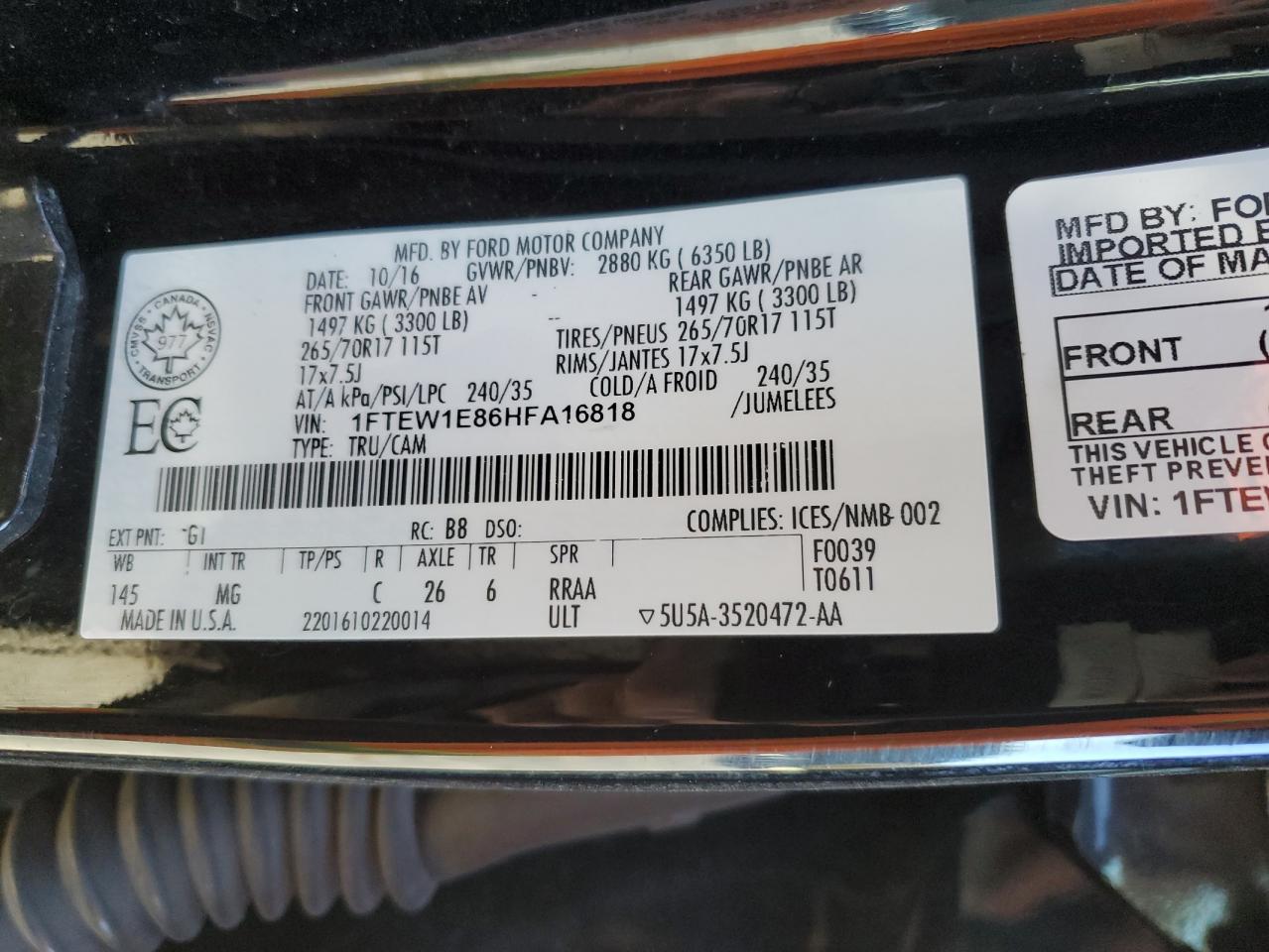 2017 Ford F150 Supercrew VIN: 1FTEW1E86HFA16818 Lot: 90462325