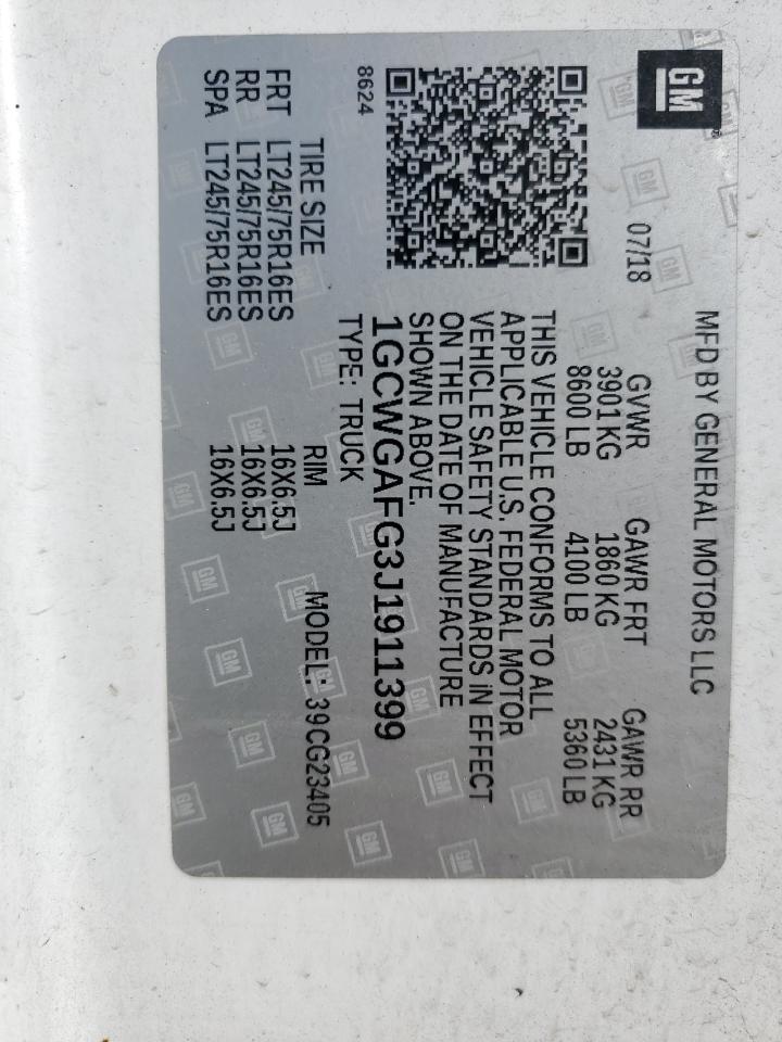 2018 Chevrolet Express G2500 VIN: 1GCWGAFG3J1911399 Lot: 84246855