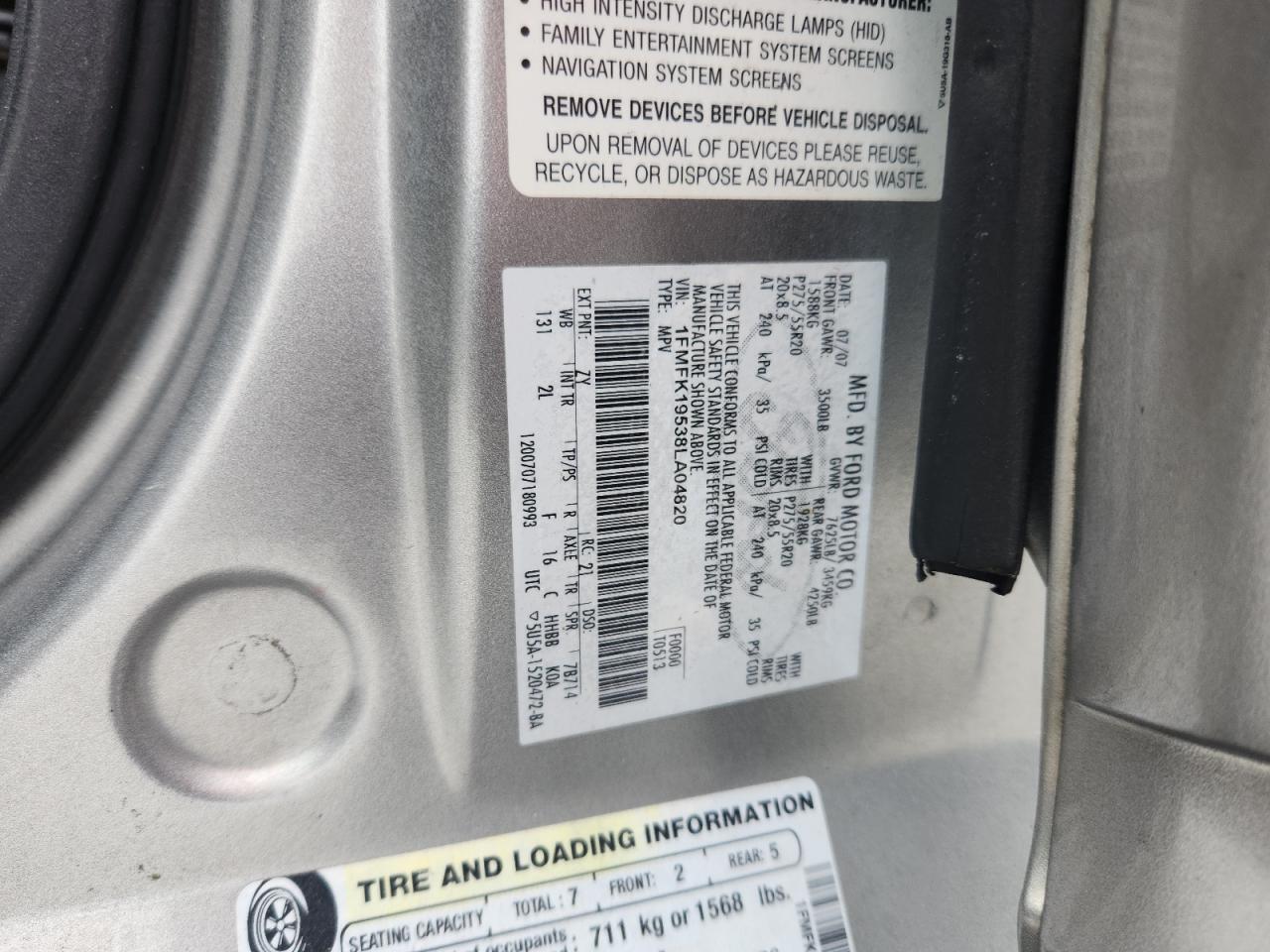 2008 Ford Expedition El Limited VIN: 1FMFK19538LA04820 Lot: 85896395