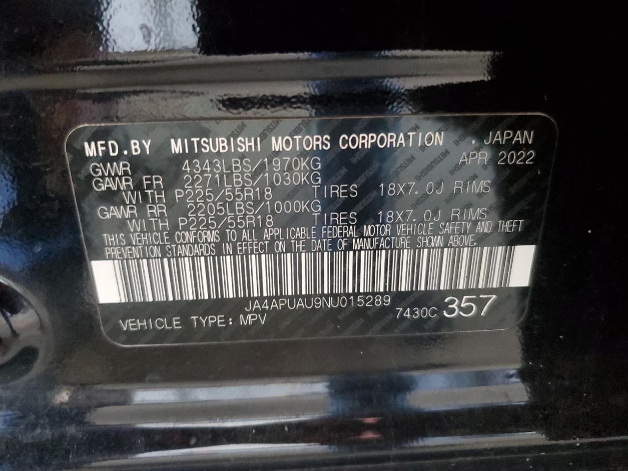 2022 Mitsubishi Outlander Sport Es VIN: JA4APUAU9NU015289 Lot: 86277265