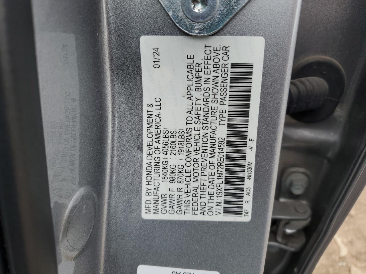 2024 Honda Civic Exl VIN: 19XFL1H72RE014592 Lot: 87241925