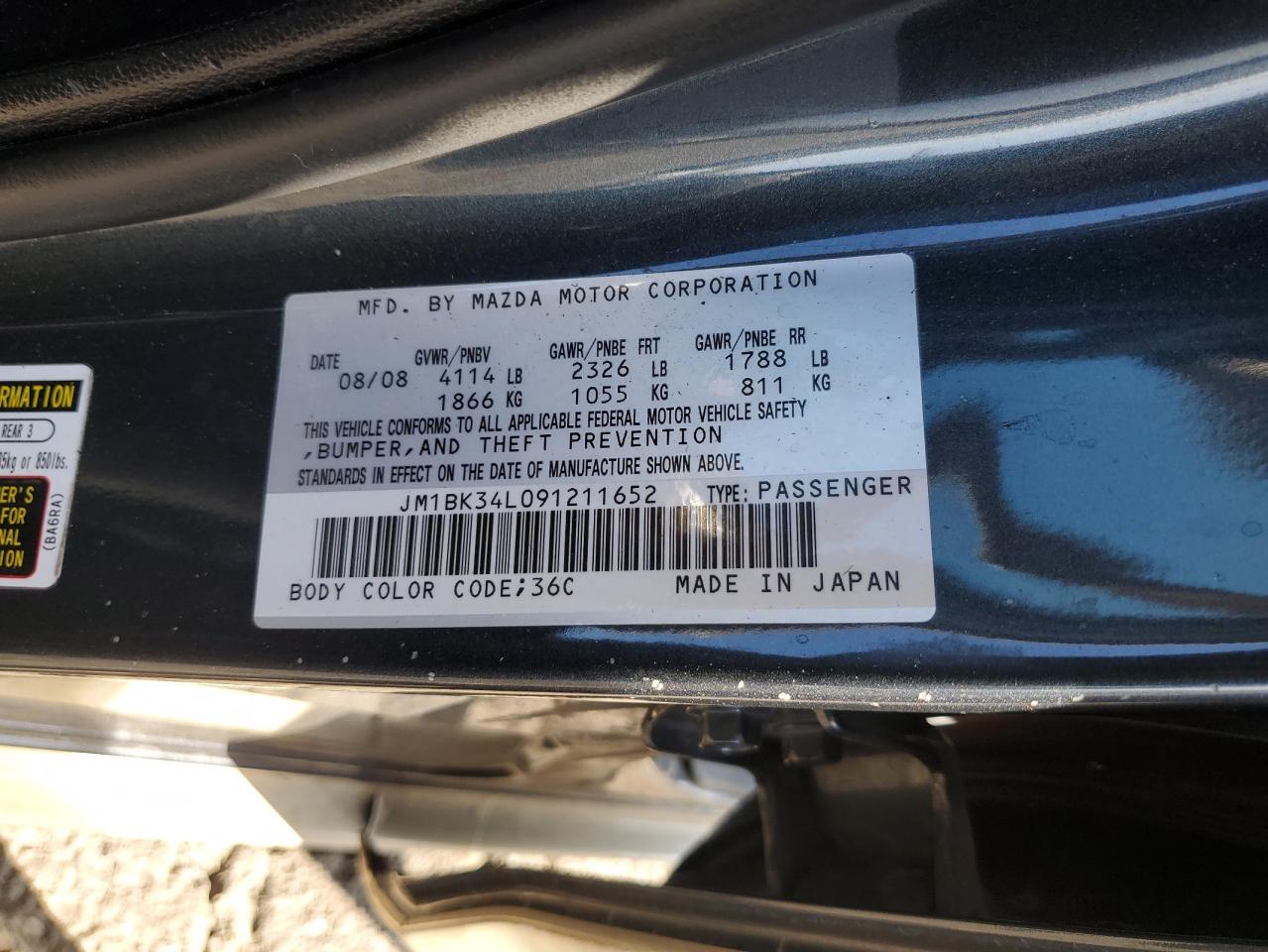 2009 Mazda Speed 3 VIN: JM1BK34L091211652 Lot: 84953655