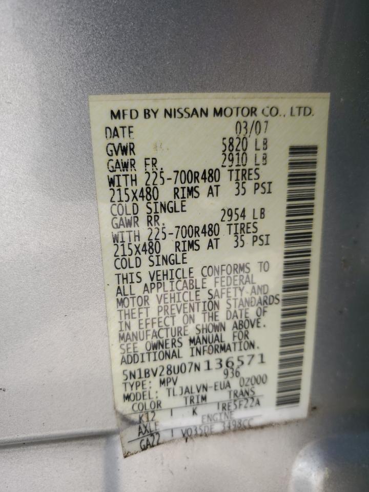 2007 Nissan Quest S VIN: 5N1BV28U07N136571 Lot: 84059455