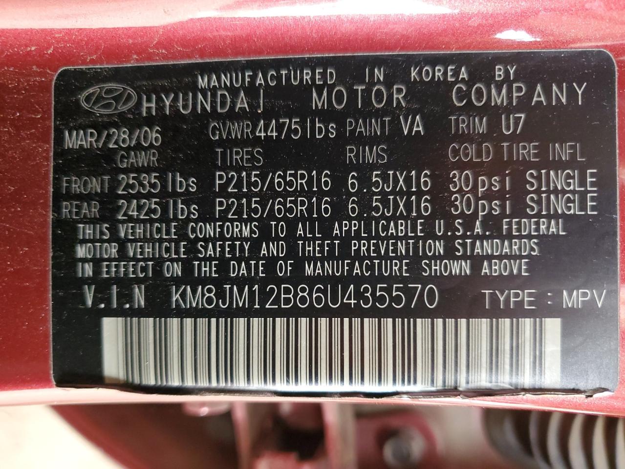 2006 Hyundai Tucson Gl VIN: KM8JM12B86U435570 Lot: 82398565