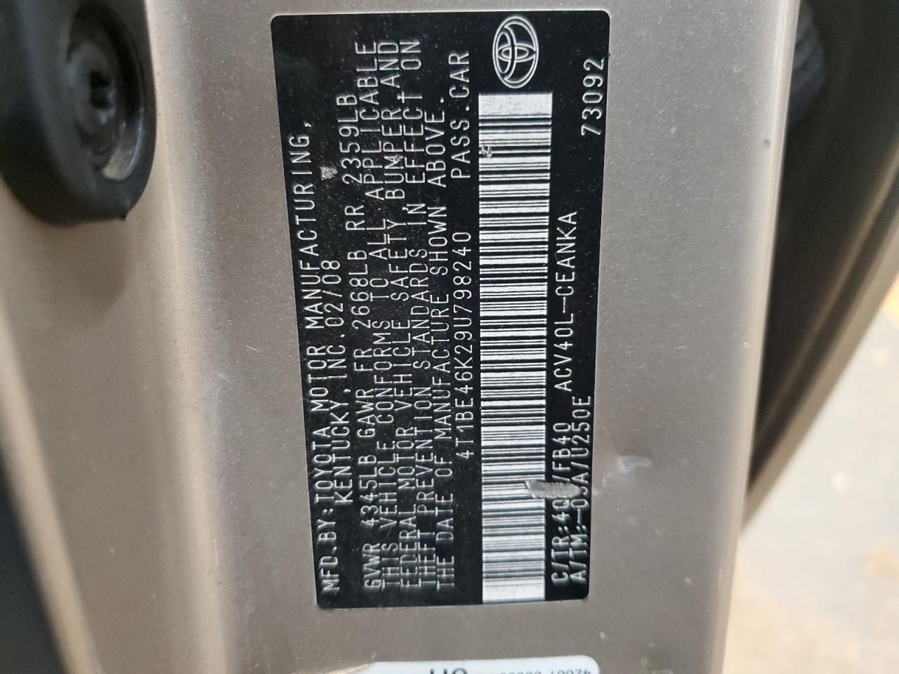 2009 Toyota Camry Base VIN: 4T1BE46K29U798240 Lot: 86309325