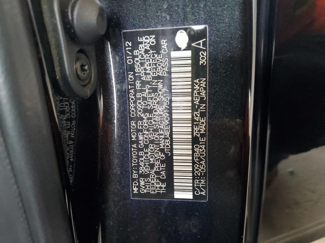 2012 Toyota Corolla Base VIN: JTDBU4EE9C9175517 Lot: 81938675