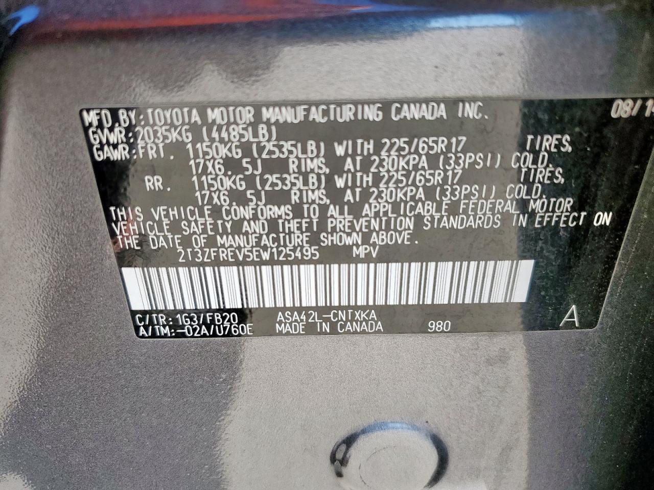 2014 Toyota Rav4 Le VIN: 2T3ZFREV5EW125495 Lot: 85840235