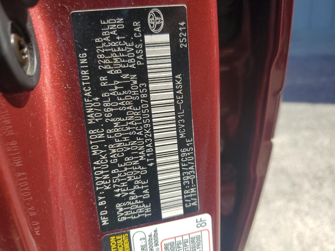 2005 Toyota Camry Se VIN: 4T1BA32K95U507853 Lot: 85090015