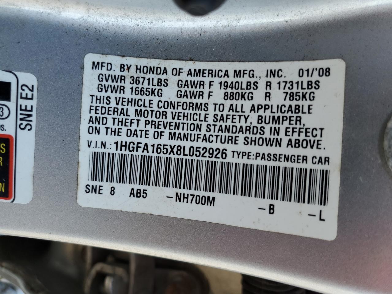 2008 Honda Civic Lx VIN: 1HGFA165X8L052926 Lot: 84901295