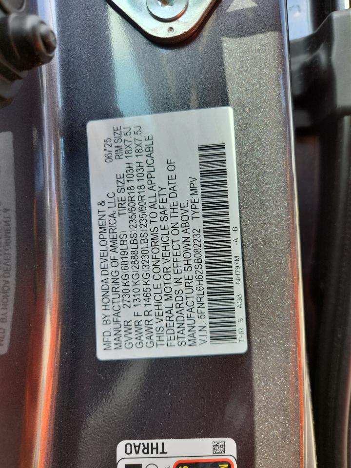 2025 Honda Odyssey Exl VIN: 5FNRL6H62SB082232 Lot: 85821975