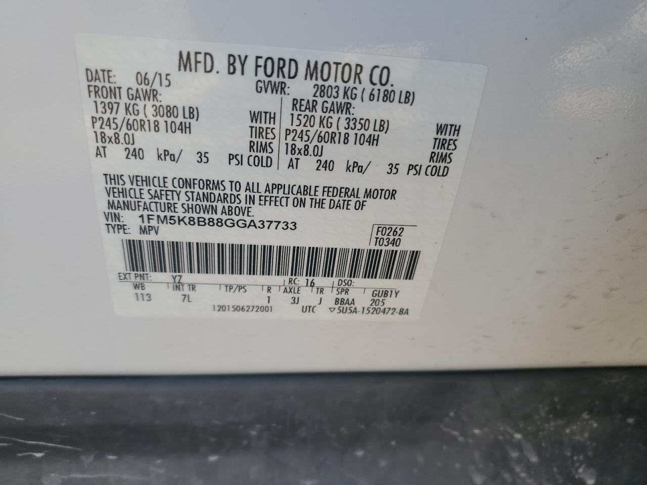 2016 Ford Explorer VIN: 1FM5K8B88GGA37733 Lot: 85165455