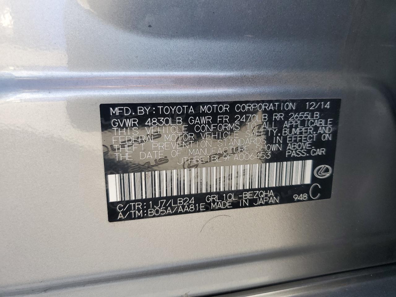 2015 Lexus Gs 350 VIN: JTHBE1BL9FA006453 Lot: 82591065