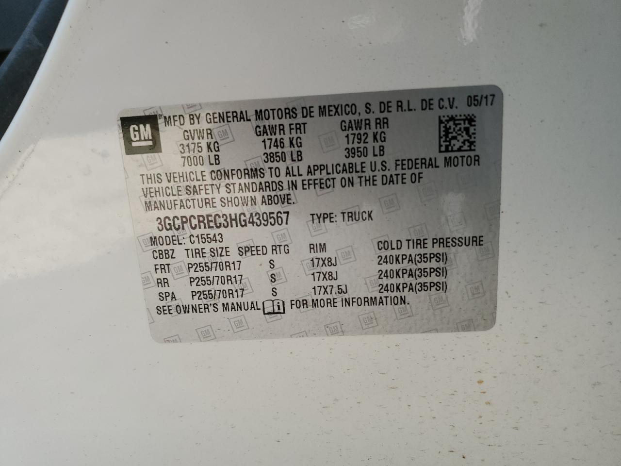 2017 Chevrolet Silverado C1500 Lt VIN: 3GCPCREC3HG439567 Lot: 85327895