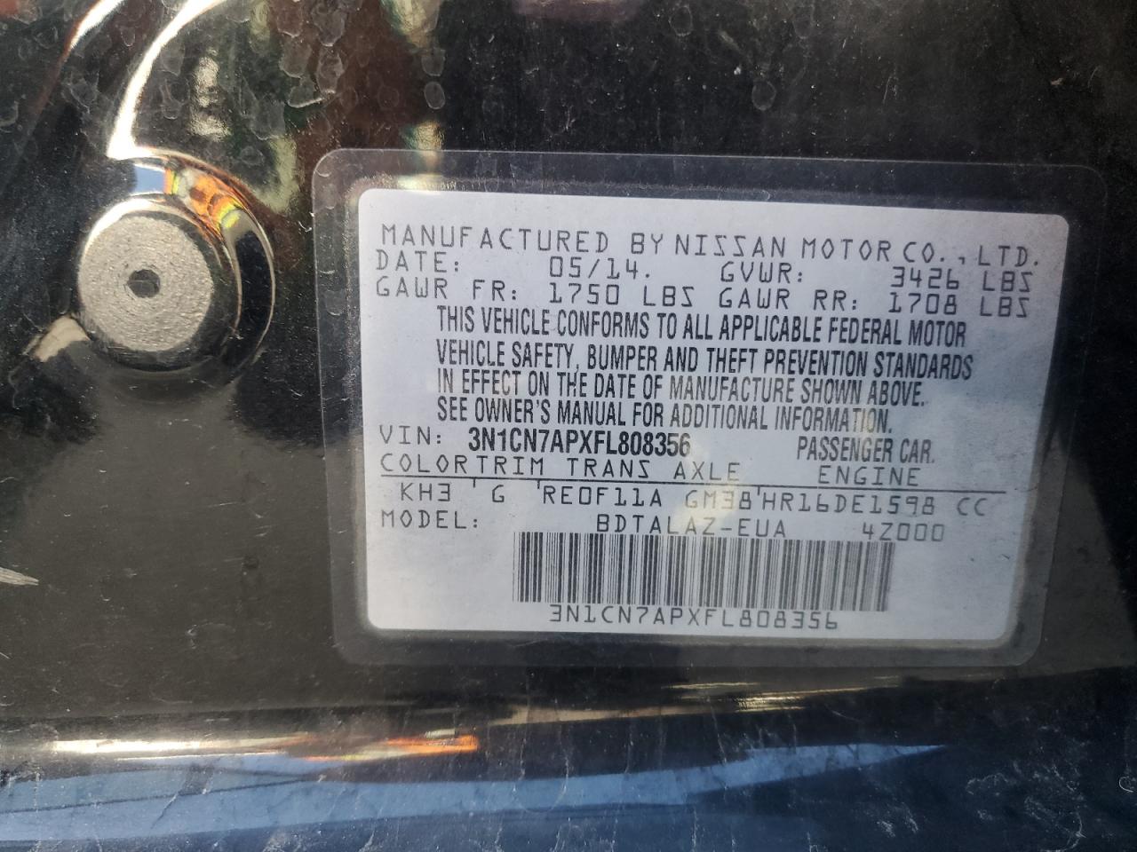 2015 Nissan Versa S VIN: 3N1CN7APXFL808356 Lot: 82497715