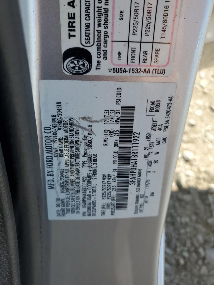 2011 Ford Fusion Se VIN: 3FAHP0HA1BR111922 Lot: 82382285