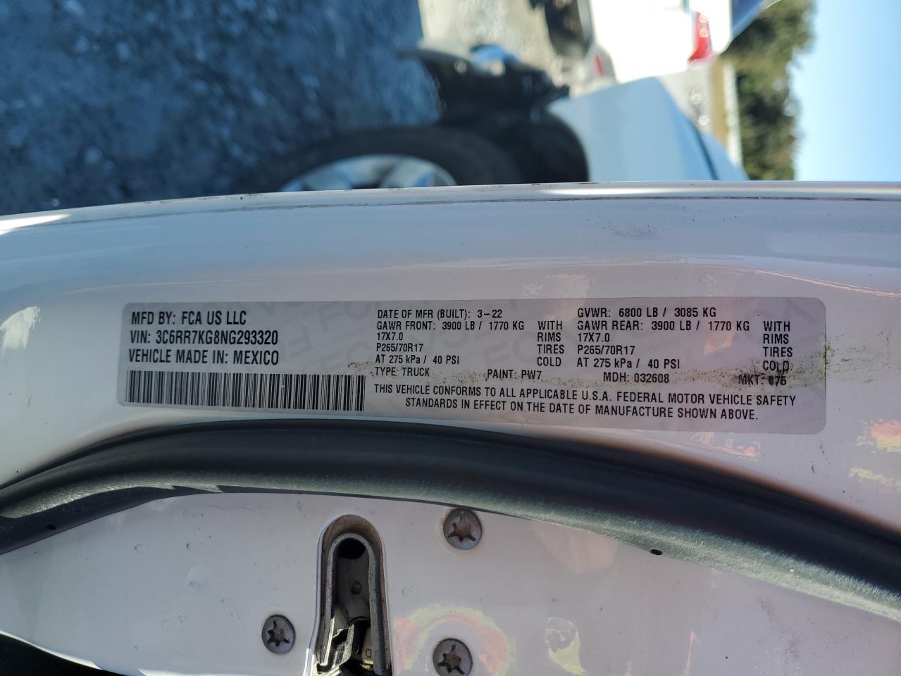 2022 Ram 1500 Classic Tradesman VIN: 3C6RR7KG8NG293320 Lot: 86778895