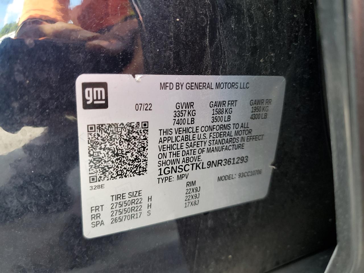 2022 Chevrolet Tahoe C1500 High Country VIN: 1GNSCTKL9NR361293 Lot: 82639245