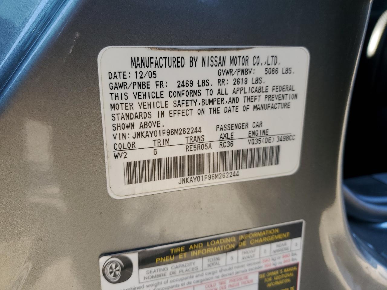 2006 Infiniti M35 Base VIN: JNKAY01F96M262244 Lot: 89479055